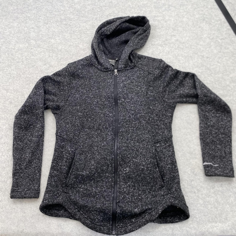 Eddie Bauer Jacket Womens Medium Gray Sweater Fleece Full Zip Hooded Pockets